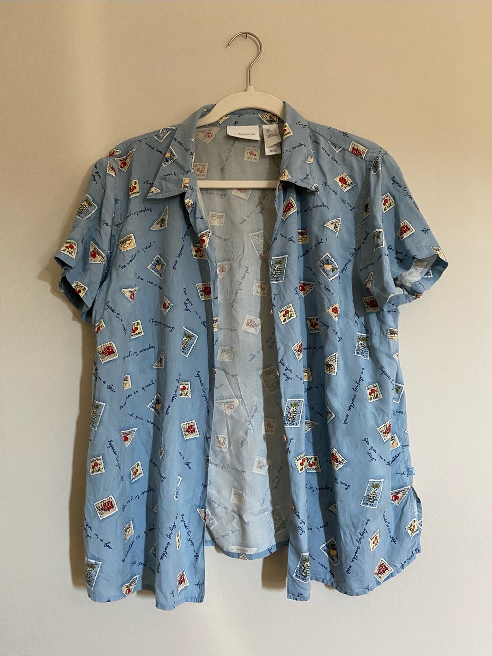 Liz Claiborne Light Blue Short-Sleeve Button-Down with Stamp Print